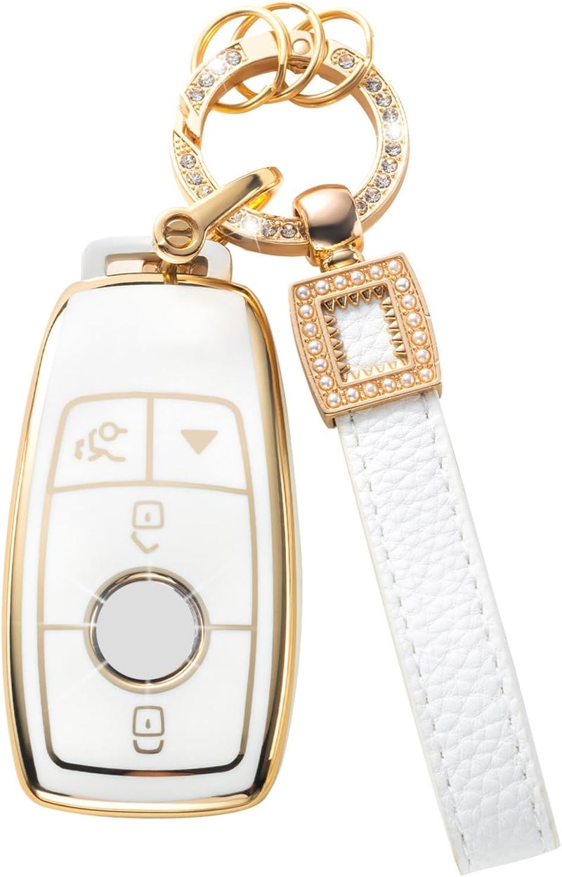 CACARLIKE for Mercedes Benz Key Fob Cover with Leather Lanyard, Key Fob Case Compatible with Mercedes Benz 2017-2021 E-Class 2018-2021 S-Class A C-Class G-Class Smart Key Protector Holder - Image 1